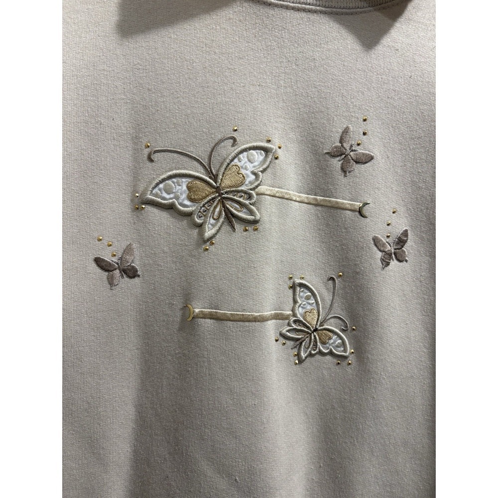 Vintage 90's Grannycore Jerzees Women's L Beige Sweatshirt Embroidered Butterfly - Picture 2 of 9